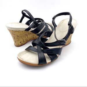 Rockport Black Leather Strappy Open Toe Wedges 6W